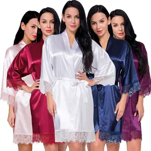 Индивидуальный однотонный Шелковый Атласный Сексуальный банный халат большого размера Длинное ночное платье кимоно для подружки невесты кружевные свадебные халаты Женская одежда для сна
