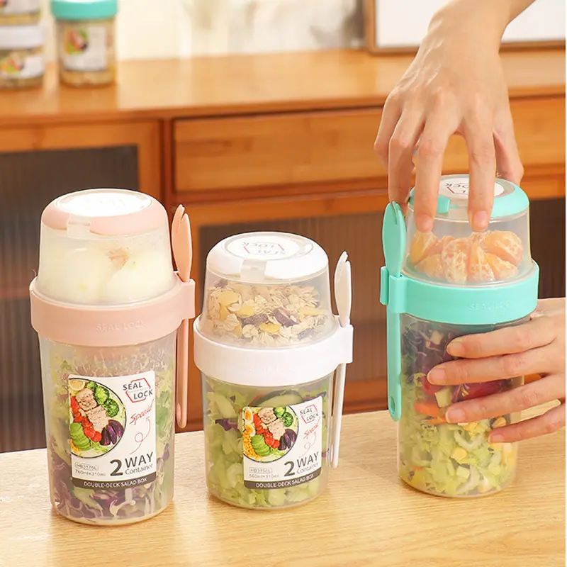 Breakfast Oatmeal Cereal Nut Yogurt Salad Shaker Cup Seal Container Set with Fork Sauce Cup Lid Taper Bowl Fruit Salad Cup