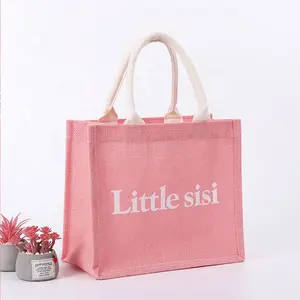 Custom Eco Recycling Print Opvouwbare Luxe Boetiek Roze Jute Draagtassen Winkelen Voor Bruiloft Bruids Souvenirs Cadeau