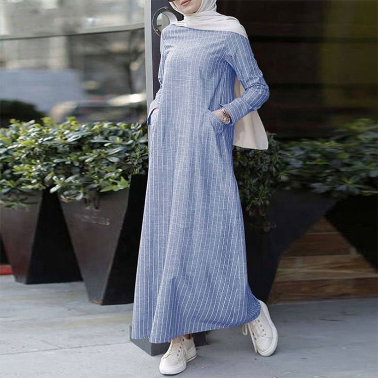 sachin and babi light blue dress Women's Long Sleeve Maxi Dress Muslim Abaya Robe Plain Simple Modern Islamic  Arabic Style Casual Dress in Kenya main image 1