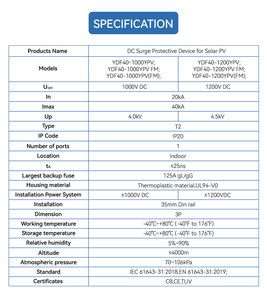 Dispositif de protection contre les surtensions YADA SPD 1000V 1200V 20kA 40kA T2 pour station de recharge solaire photovoltaïque et véhicules électriques, série YDF40-1000YPV/1200YPV 20 KA Su - Product Image 2