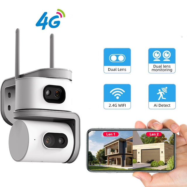Premium Dual Lens 4G WiFi Camera 4MP HD IP67 Waterproof Outdoor Security Night Vision AI Human Detection Full Color Night Vision