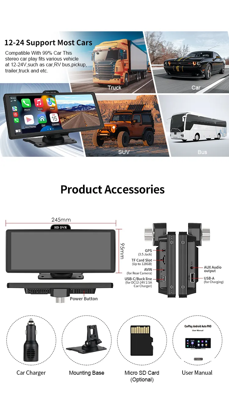 10.26 Polegada 4K 3840*2160P Traço Cam Carplay & Android Auto Car Audio Painel de vídeo Gravação WIFI ADAS acessório do carro