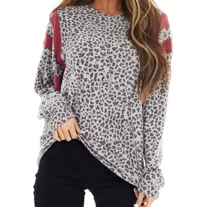 Hot Sale Leopard Printed Woman Causal Loose Long Sleeve Top Blouse