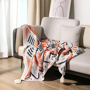 Современное уютное трикотажное одеяло с геометрическим рисунком, индивидуальное богемное вязаное одеяло с кисточкой