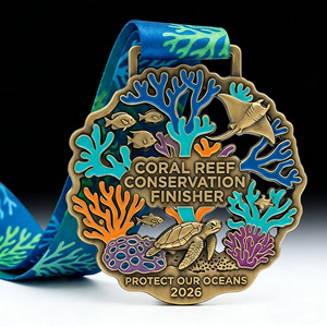 Médaille personnalisée en métal émaillé Garde <span class=keywords><strong>de</strong></span> <span class=keywords><strong>l</strong></span>'Océan, badge <span class=keywords><strong>de</strong></span> finisseur plaqué or 3D pour la protection <span class=keywords><strong>de</strong></span> la faune marine avec motif tortue et raie - Product Image 1