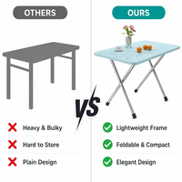Table à manger rectangulaire pliante bleu clair à motifs floraux, avec pieds en acier inoxydable en forme de X, plateau imperméable
