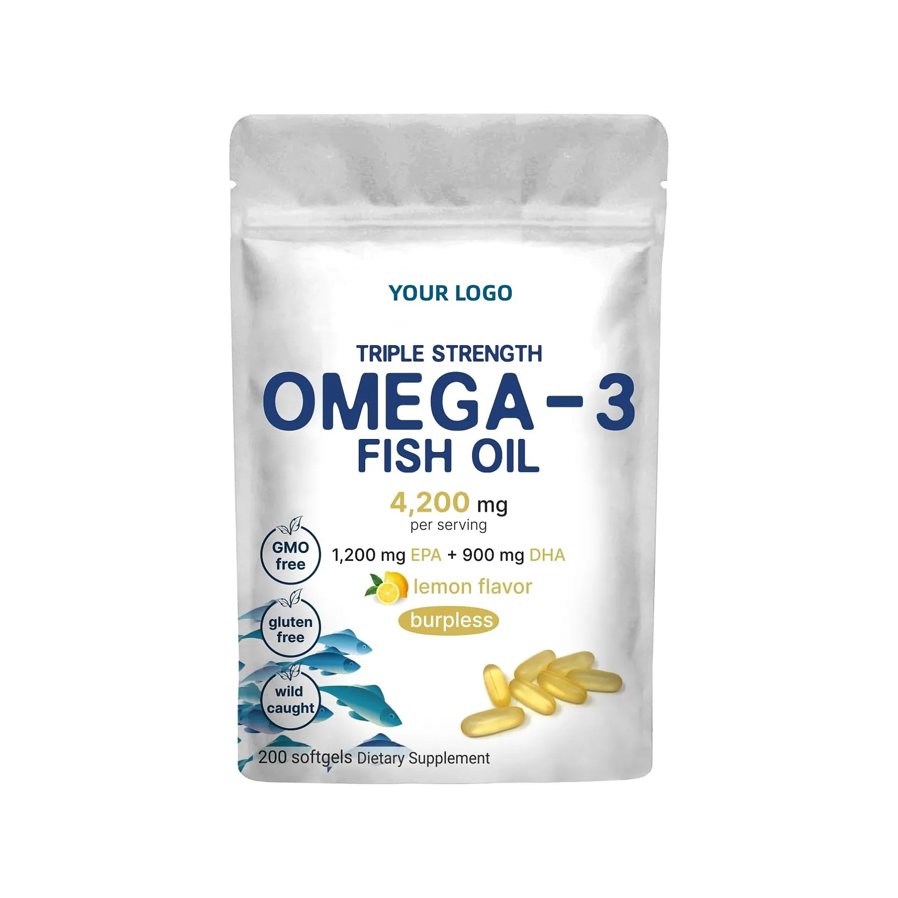 Özel etiket Omega 3 balık yağı takviyeleri Burpless (enterik kaplı) OEM başına 4200mg