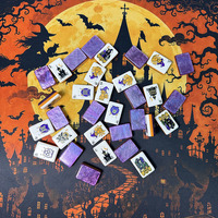 Jeu de Mahjong Américain Magique et Sinistre pour Halloween, 3 couches, tuiles en acrylique violettes, avec tapis de Mahjong, supports, sacs et accessoires complets