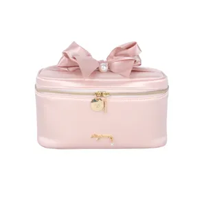 Custom Pink Bowknot Smooth Cosmetic Bag Makeup Brush Holder Girl Pink Lady Handbag