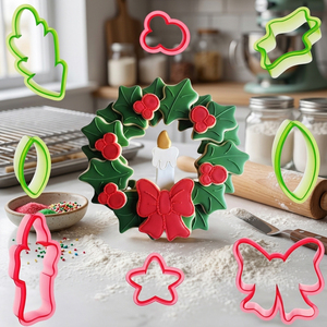 Emporte-pièces pour biscuits, fondant, pâte à sucre, motif couronne de Noël, centre de table, avec motifs nœud, baies, pin, houx, feuille - Product Image 1