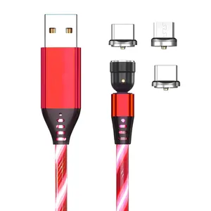 Hot Selling 540 Degree Rotation 3 In 1 Led Flowing Light Magnetic Usb Data Charging Cable For Smartphone