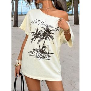 FOXA Camiseta con hombros descubiertos para mujer, cuello asimétrico, manga corta, algodón, estampado de letras, top de vacaciones - Product Image 3
