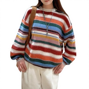 BS26 Early Spring Dopamine Contrast Striped Wool Mohair Blend Color Matching Pullover Sweater <strong>Top</strong> Women's Full Sleeve <strong>Rainbow</strong> - Product Image 1