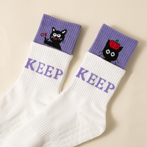 Women's Cotton Cute Black <b>cat</b> Pattern Grip Pilates Compression Crew <b>Socks</b> Anti-Slip Crew Block Color <b>Socks</b> - Product Image 3