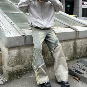 กางเกงยีนส์ฮิปฮอปสไตล์วินเทจแบบขายส่ง ลุคสตรีทแวร์ ซักฟอกหนัก แต่งขาด แต่งหนังแบบปะติด ทรงตรง กางเกงยีนส์ทรงหลวมสำหรับผู้ชาย - Product Image 6
