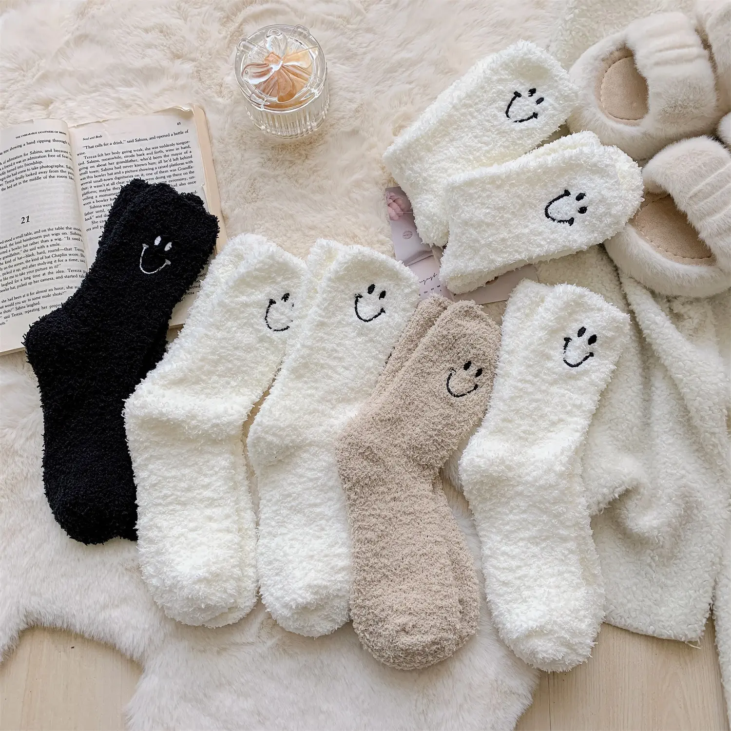 thigh high solid color custom logo smile warn winter extra thick indoor fuzzy bed slipper socks