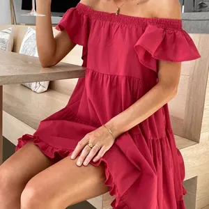 Custom Loose A Line Lady, Elegant Women Mini Dresses 2024 New Round Neck Short Sleeve High Waist Dress/