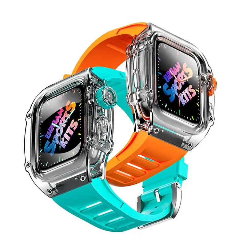 Kit Modifikasi 44Mm 45Mm untuk Apple Watch Band 8 Casing Bezel Transparan Mewah untuk Iwatch Series 7 Se 6 5 4 Tali Karet