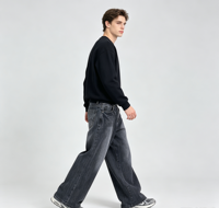 Jean évasé délavé à l'acide pour homme, coupe large déstructurée, style rétro urbain, brodé, en denim, coupe ample, personnalisable, OEM, vente en gros