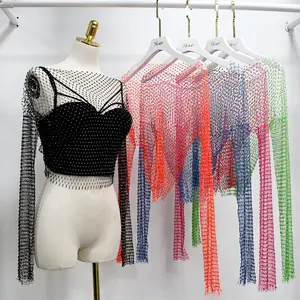 T026 Sexy Diamonds Custom Color Party Crystal Crop Women's Mesh New Clothes Rhinestone Tank Tops