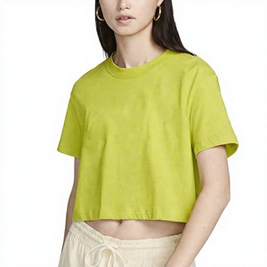 Women's Lime Green Cropped T-Shirt Crew Neck Short Sleeve Loose Fit Casual Jersey Crop <b>Top</b> Spring Summer 100% Cotton - Product Image 1