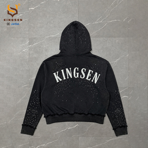 Sudadera con capucha y cremallera completa para hombre, estilo urbano personalizado, de felpa francesa, con bordado, patchwork y pedrería, corte holgado y lavado ácido. - Product Image 3