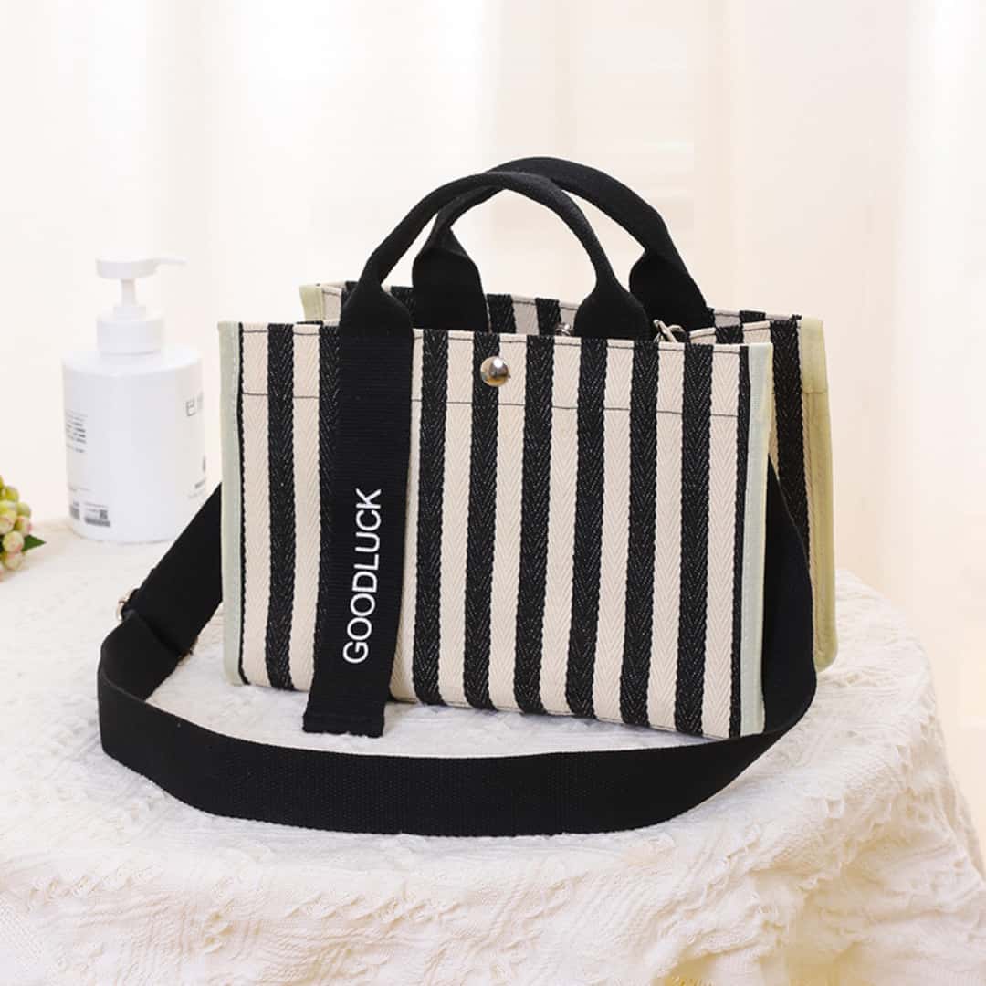 bolso tote de lona a rayas negras