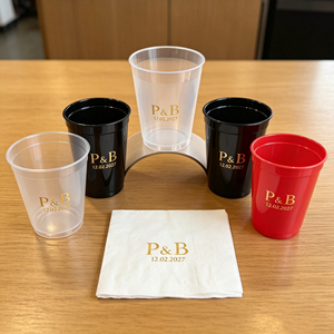 Gobelets de stade promotionnels sans BPA de 12 oz, 16 oz et 20 oz, noirs, au design classique personnalisé, pour la bière, les serviettes, les baby showers et les mariages. - Product Image 1