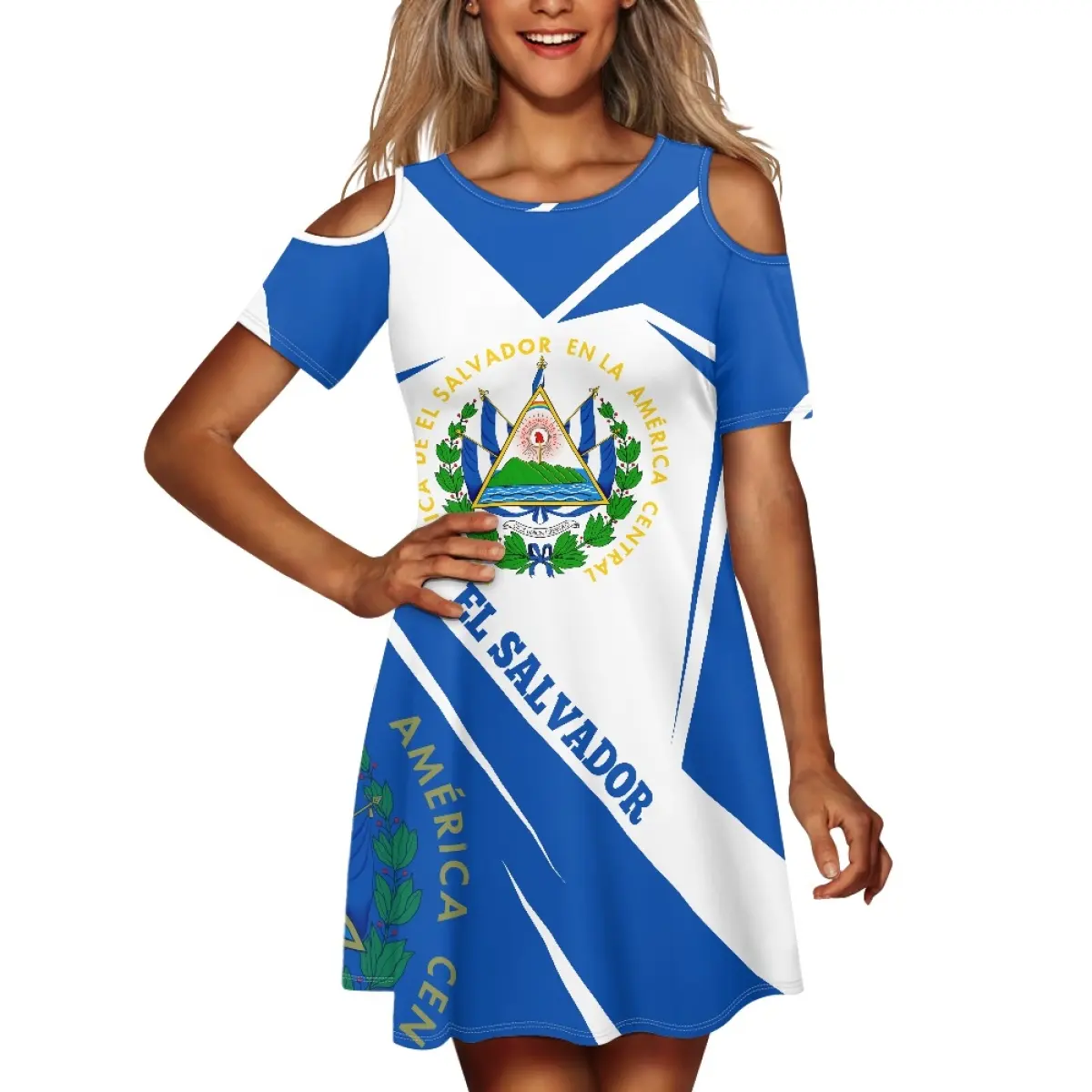 Gaun pendek grosir desain baru gaun seksi bahu terbuka wanita pola bendera El Salvador dengan harga lebih rendah gaun pantai Populer