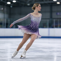 Robe de patinage artistique pour enfants et adultes, gris, violet, blanc, dégradé, maille, manches longues, strass au dos, pour compétition et spectacle