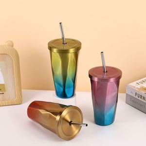 New Travel Straw Reusable Tumbler With <b>Hot</b> and Cold Double Wall <b>Drinking</b> Cups Coffee Mugs 16Oz Irregular Cup With Lid - Product Image 3
