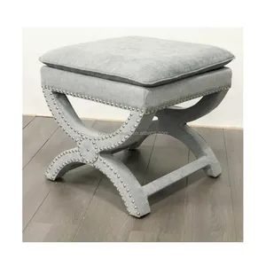 European Design Furniture X Leg Silver Studs Linen Fabric French Ottoman Foot Stool for Living Room