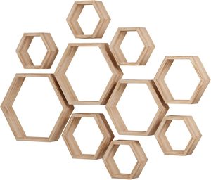 Estante de Pared de Madera Montada EN LA Pared, Estante de Almacenamiento Flotante Hexagonal de Paulownia, Color Marrón Claro - Product Image 3