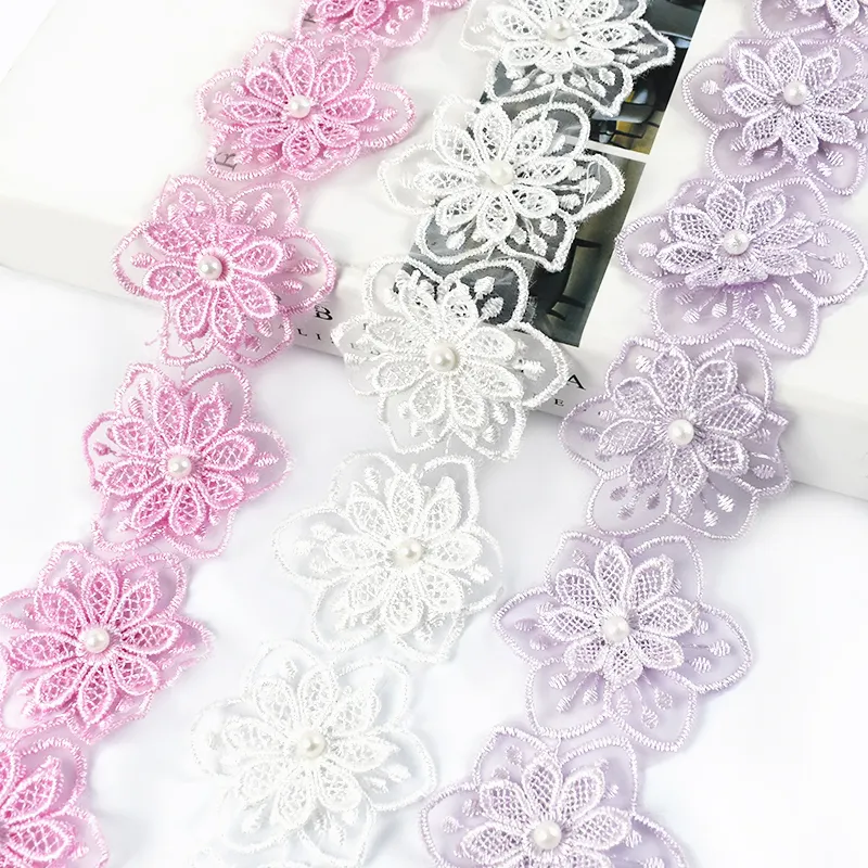 Meetee RC497 6cm DIY Handmade Garment Decor Accessories 3D Double Flower Yarn Lace Trim Beaded Six-petal Flower Lace