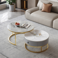 Table basse moderne en marbre avec cadre en métal doré et tiroir de rangement, table basse ronde pour salon, personnalisable