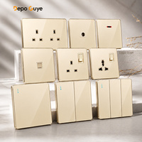 Prise murale en verre trempé à usage industriel avec bouton doré pour interrupteur d'éclairage, charge rapide USB Type-C 13A 18W, Royaume-Uni