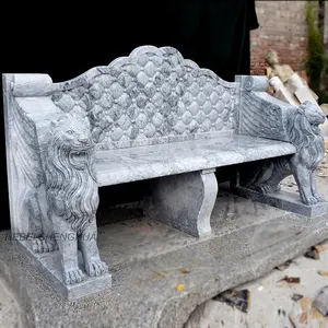 Cadeiras de pedra luxuosas para jardim ao ar livre em mármore natural com cabeça de leão e banco de estátua