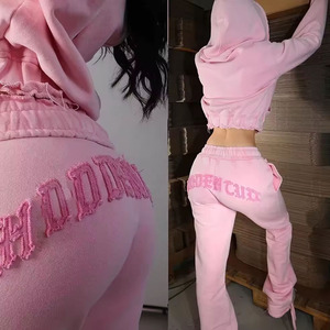 Clothing Manufacturer Custom Y2k Hoodie and Jogger <strong>Set</strong> Woman Distressed <strong>Embroidery</strong> Track Suit Cropped Women Sweatsuit <strong>Set</strong> - Product Image 2