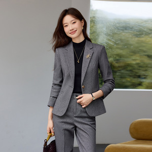 Grey Women's Suit Set Full Sleeve Wool Blend Anti-Wrinkle Elegant Professional Autumn Wear - Product Image 2