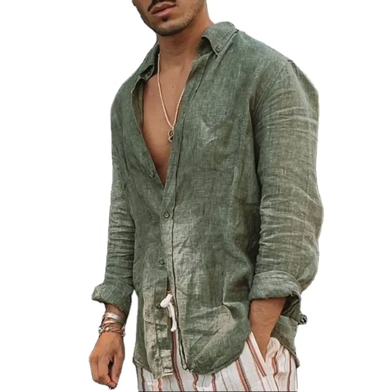 Camisas informales de lino y algodón para hombre, camisa de manga larga de Color sólido con cuello levantado, novedad