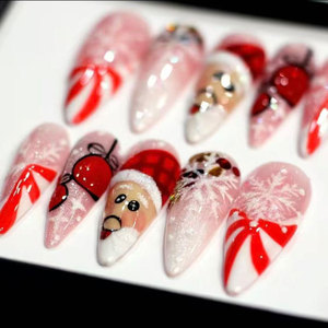 100% hecho a mano 10 Uds prensa de Navidad en <span class=keywords><strong>uñas</strong></span> cuadradas <span class=keywords><strong>cortas</strong></span> con diseños de dulces Navidad rojo brillo <span class=keywords><strong>uñas</strong></span> cubierta completa palo en las <span class=keywords><strong>uñas</strong></span> - Product Image 2
