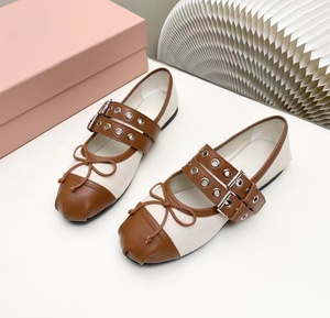 2026 New Style American Sweet Cool Double-Tie Canvas Patch Cowhide Bow One-Strand <b>Ribbon</b> Flat <b>Ballet</b> <b>Shoes</b> - Product Image 3