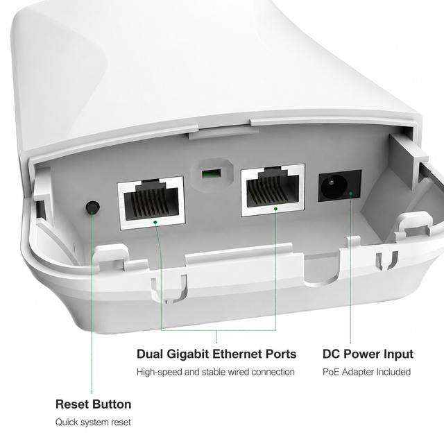 Outdoor 4.9~6.1GHz Wireless Bridge PtP PtMP Radio 867Mbps 3KM Long Range 2*2 MIMO IP65 CPE with 2 Gigabit RJ45 Port PoE