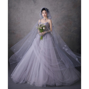 Purple Tulle Ball Gown Wedding Dress Halter Neck Empire Waistline Floral Print For Outdoor Photography - Product Image 1