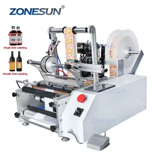 Zonesun Tb-190 Wijn Dubbele Side Sticker Ronde Water Semi Automatische Digitale Fles Etikettering Machine Voor Plastic Fles