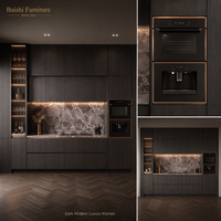 Meubles de cuisine modernes personnalisables OEM/ODM, en acier inoxydable laqué noir brillant, avec plan de travail en marbre, prêts à assembler (design plat)