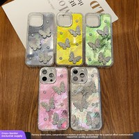 Étui de téléphone magnétique de luxe léger fait main en TPU+PC avec support intégré, incrusté de diamants tridimensionnels et de perles, motif papillon, pour iPhone 15