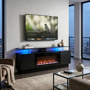 Modern Luxury <strong>TV</strong> <strong>Stand</strong> with <strong>Electric</strong> Fireplace,Black Media Living Room Furniture, Dual 750W/1500W Heater &amp; Multi-Color Flame - Product Image 2