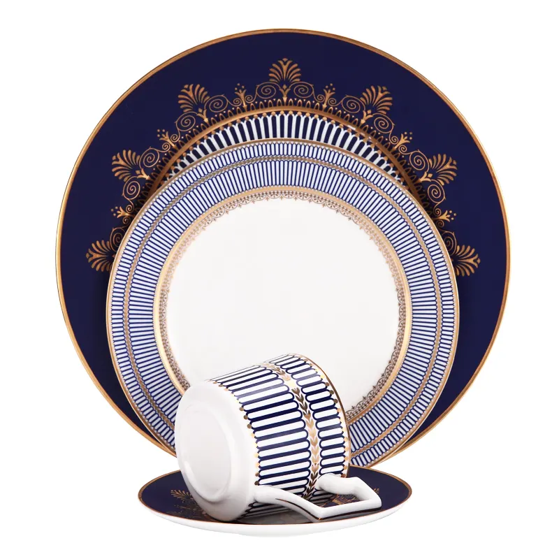 Bandeja de Pasta para ensalada Noble de lujo, cubertería de regalo, juego de cena personalizado con borde azul real, platos de boda de China, vajilla de cerámica china